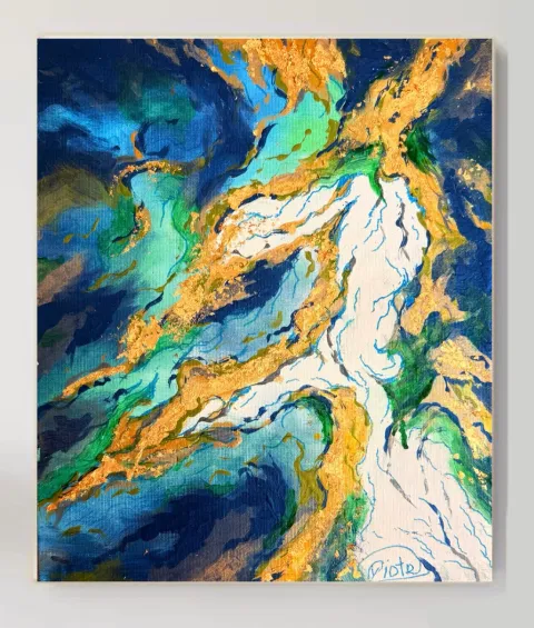 Golden River A painting of a river in turquoise, green and gold tones