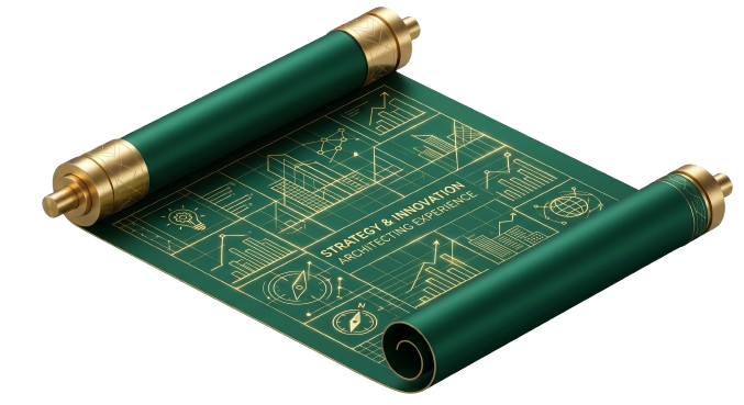 Combining years of experience with modern analytics and strategy. A modern, elegant deep green scroll with gold rollers, displaying glowing golden analytical charts, graphs, and geometric design grids.